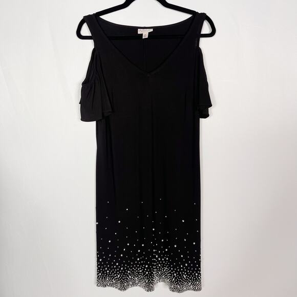 Dressbarn Medium Black Sequin Rhinestone Cold Shoulder Sheath Dress Short Sleeve - Picture 1 of 10